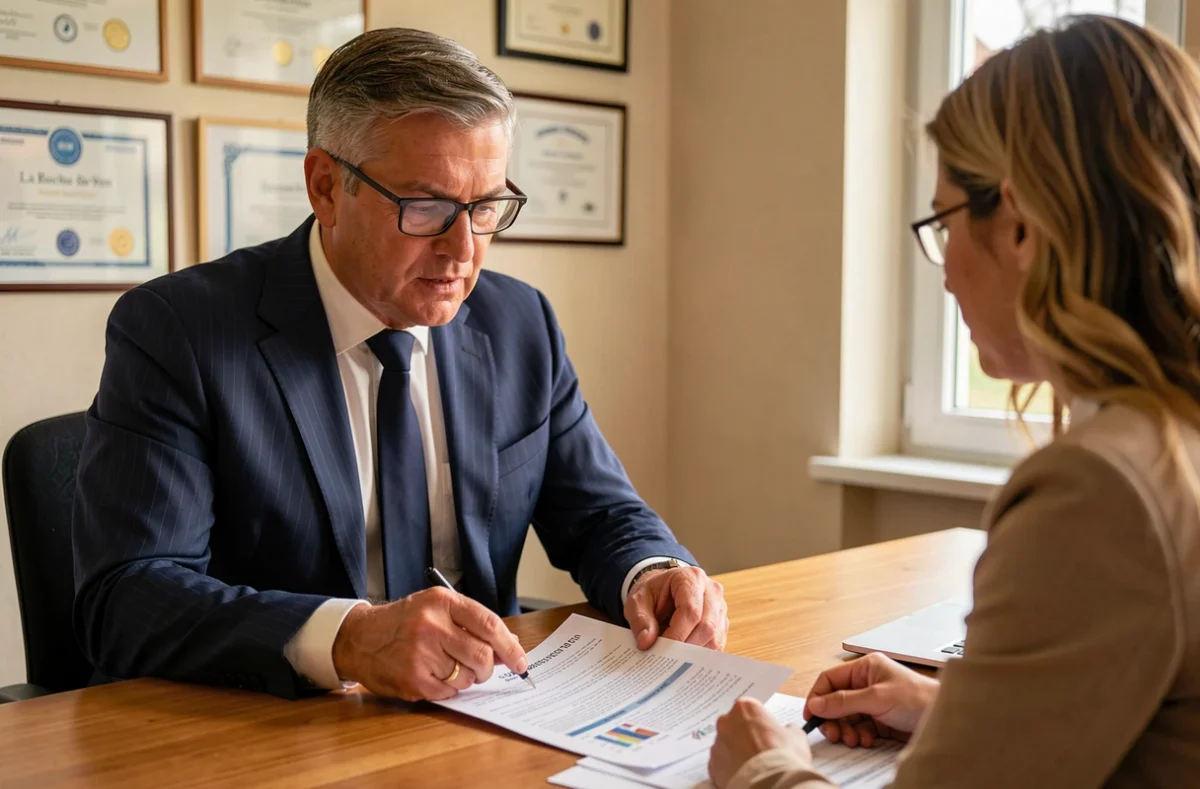Conseiller en gestion de patrimoine d'IFB France à La Roche-sur-Yon présentant un document de conseil fiscal à une cliente