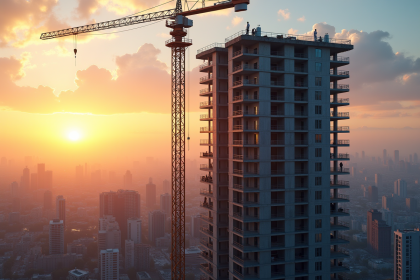 Construction d un immeuble urbain moderne au lever du soleil