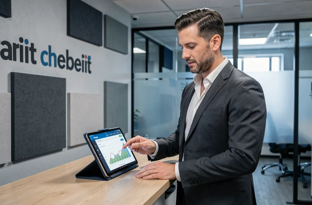 Conseiller IN&FI Crédits utilisant une tablette pour simuler un crédit immobilier dans un bureau de courtage moderne