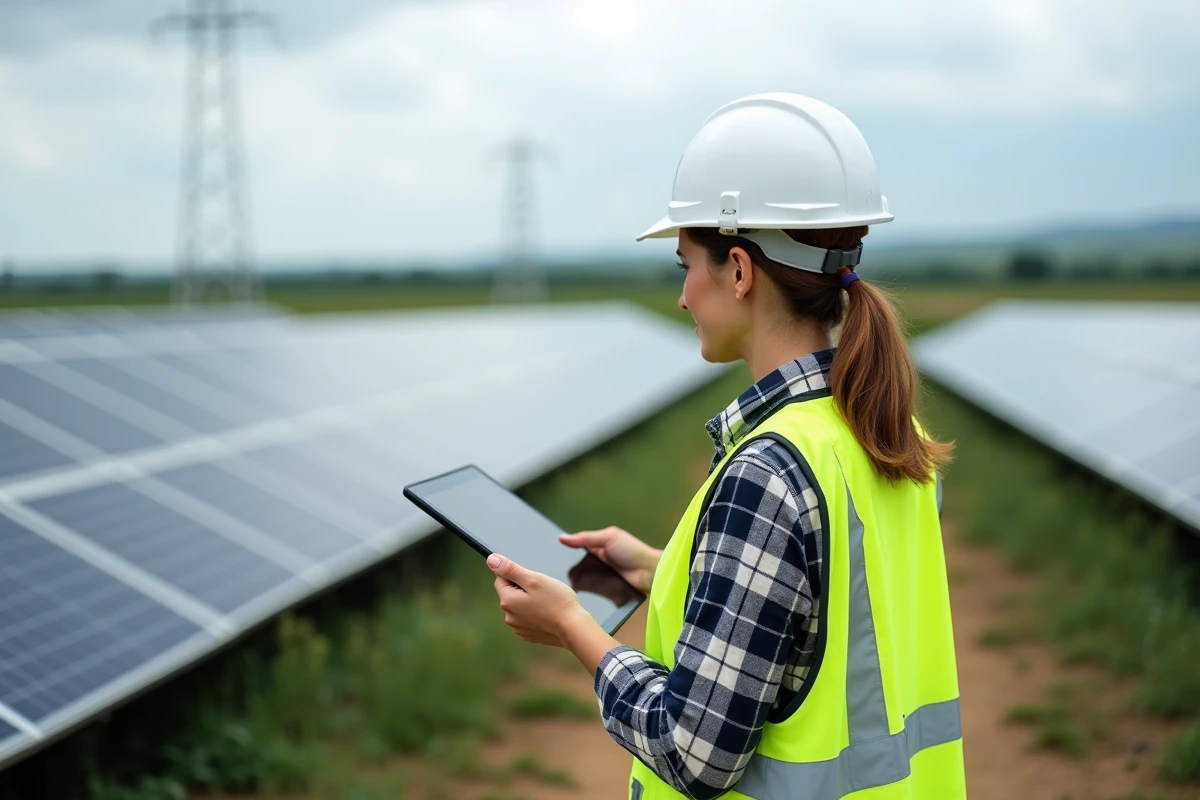 Ingénieure avec casque observe une ferme solaire extérieure