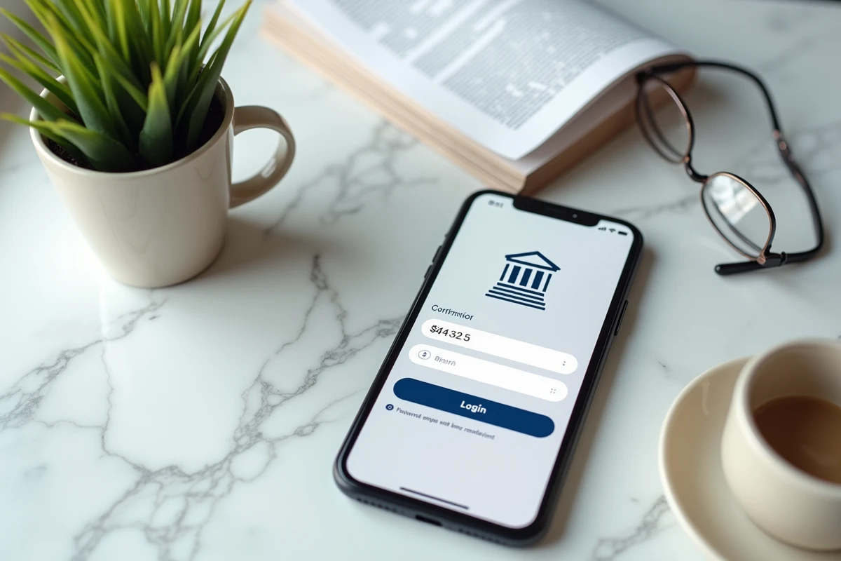 Vue de dessus d'un smartphone affichant une interface de connexion bancaire Société Générale Particuliers sur un plan de travail en marbre