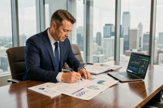 Investisseur analysant un classement PIB 2026 sur des documents financiers dans un bureau corporate moderne