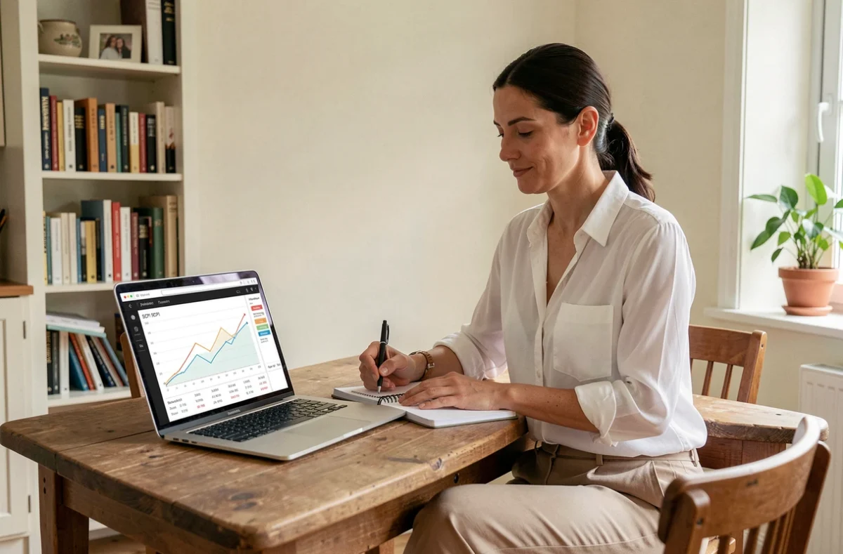 Femme consultant un classement de SCPI par rendement sur un ordinateur portable à domicile