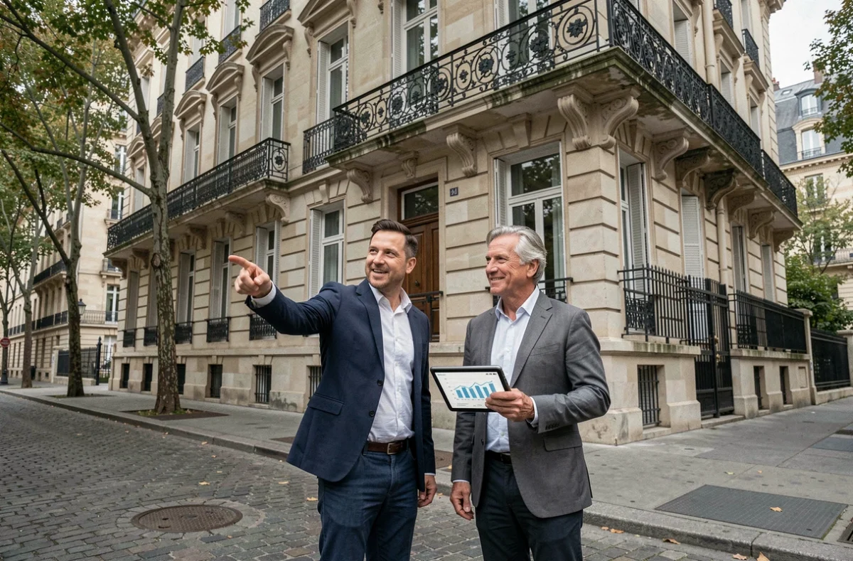 Deux investisseurs immobiliers évaluant un immeuble parisien de style haussmannien dans le cadre d'un investissement en SCPI Edissimmo