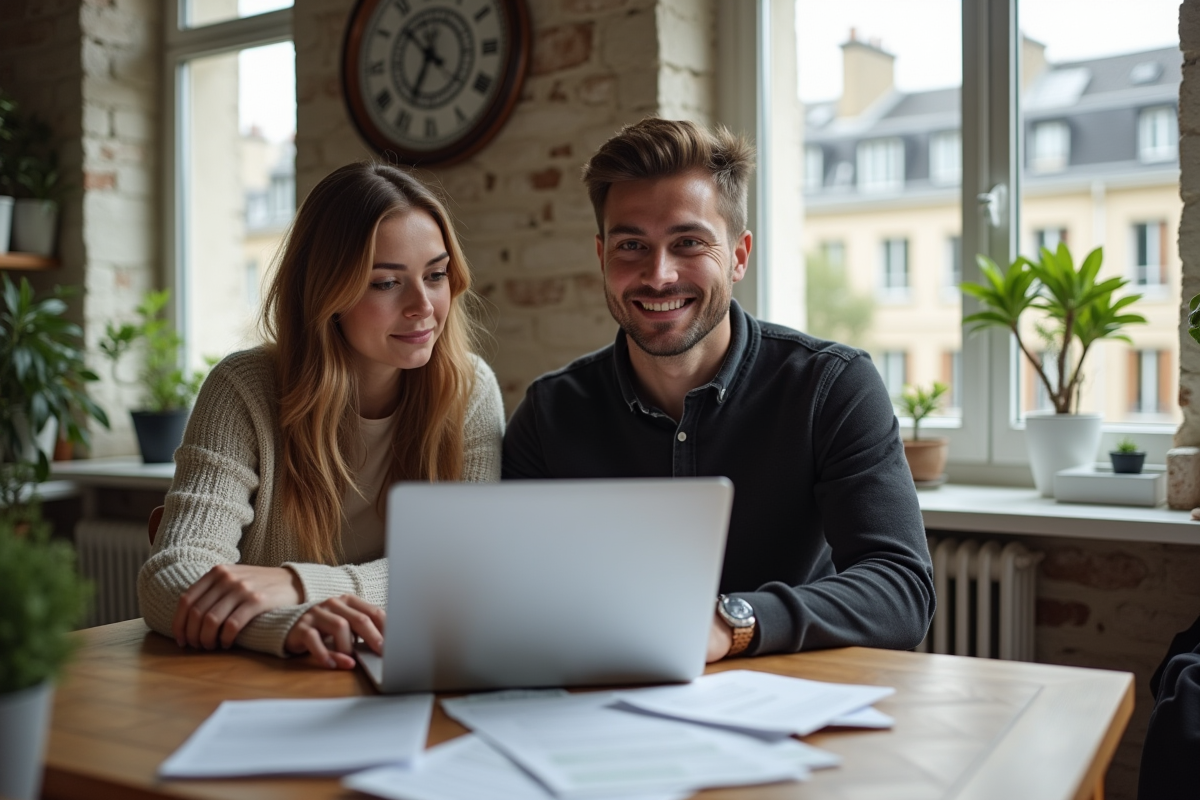 Jeune couple regardant un ordinateur pour gestion immobiliere dans un appartement