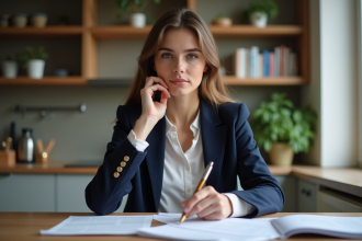 Jeune femme française en blazer navy examine des papiers dans un appartement