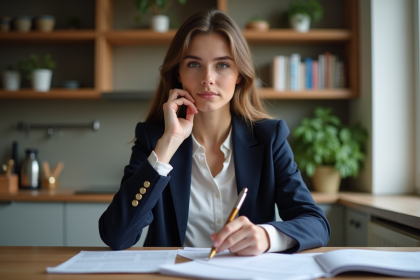 Jeune femme française en blazer navy examine des papiers dans un appartement
