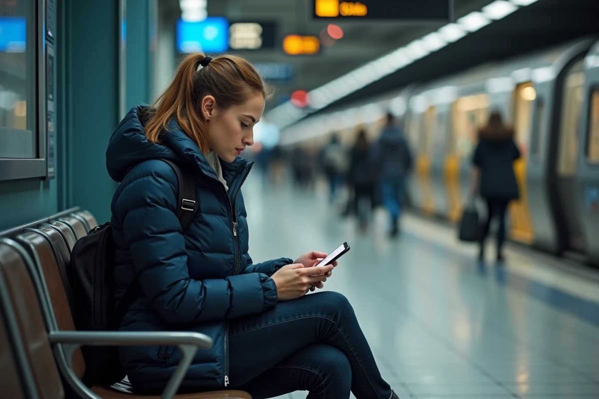 Jeune femme en gare vérifiant la localisation d'un distributeur automatique de billets sur carte interactive mobile
