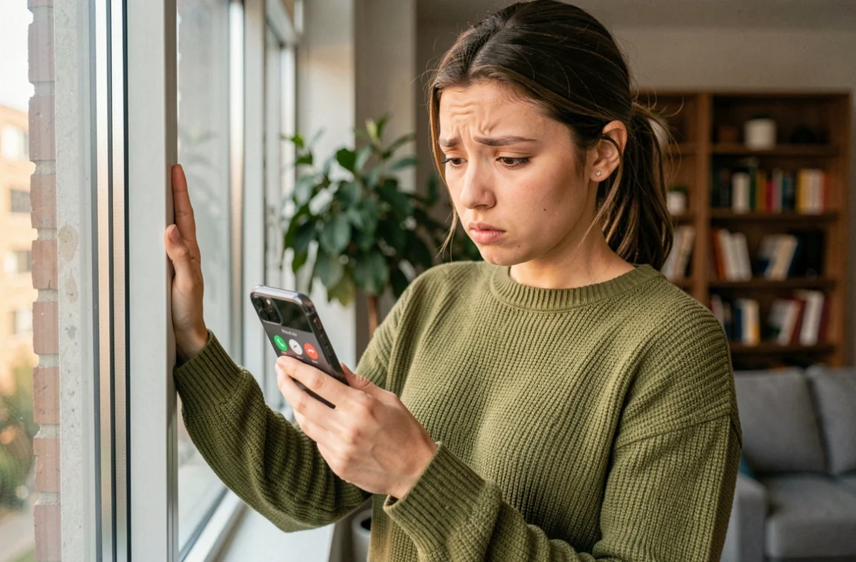 Jeune femme vérifiant son téléphone après une tentative infructueuse de contact avec ECA Assurance