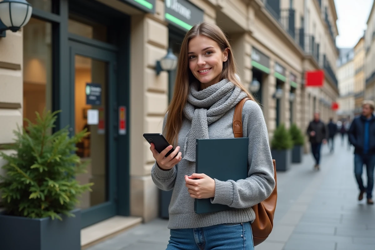 Jeune femme souriante utilisant son smartphone devant une agence bancaire