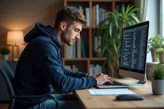 Jeune homme concentré travaillant sur son ordinateur dans un bureau