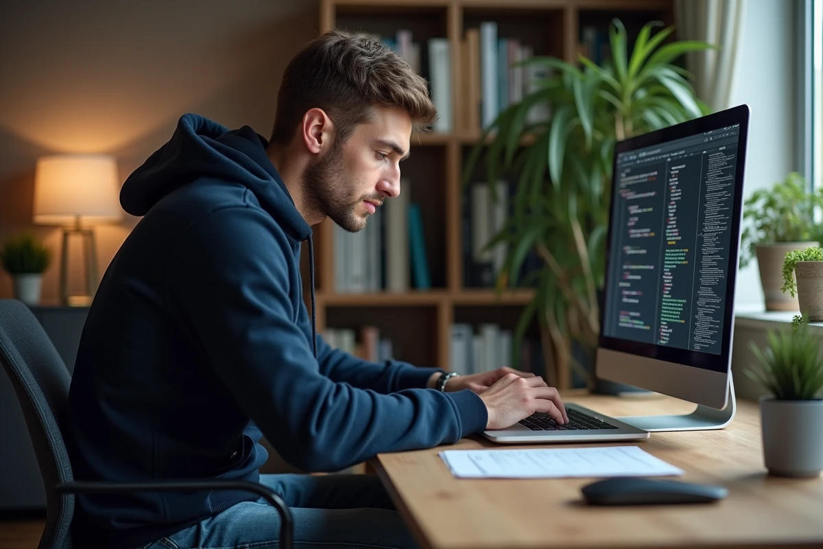 Jeune homme concentré travaillant sur son ordinateur dans un bureau