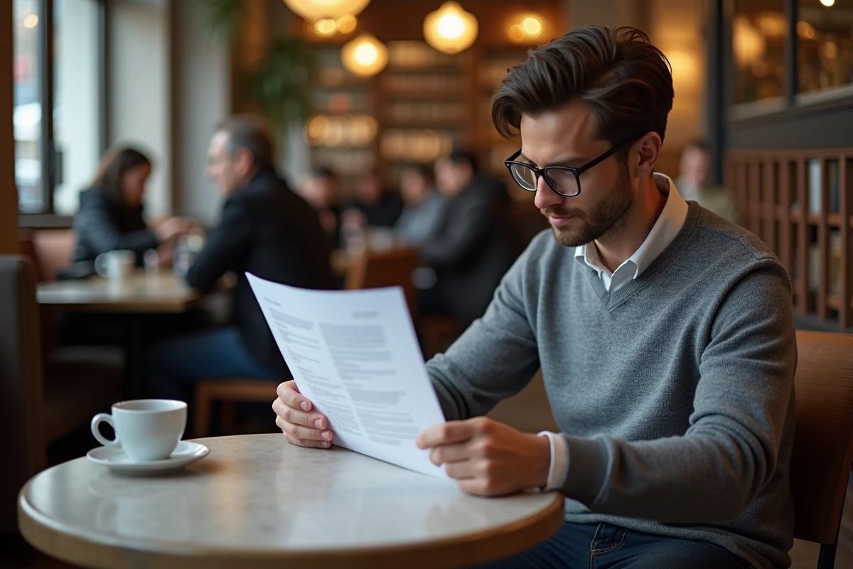 Jeune homme lisant un contrat dans un café suisse