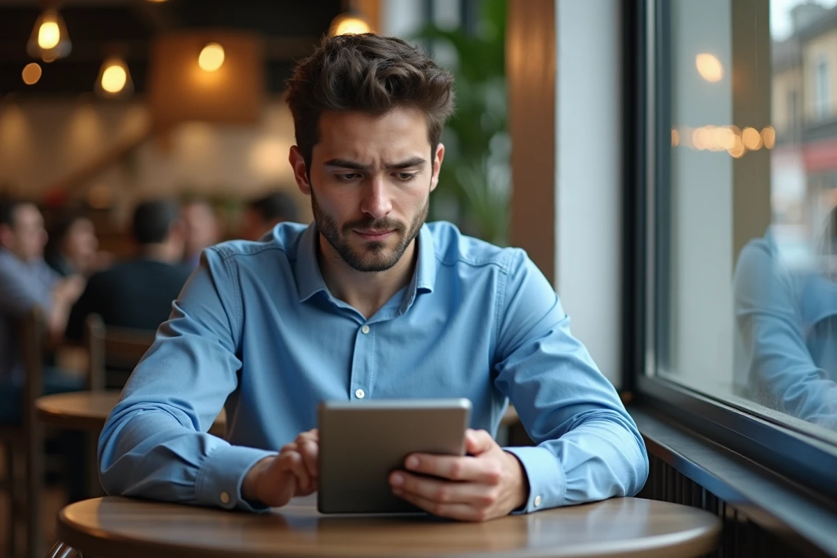 Jeune homme utilisant sa tablette dans un café