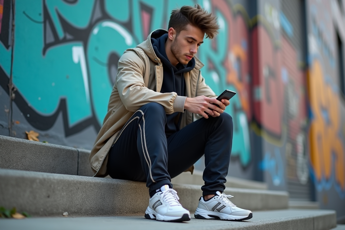 Jeune homme sportif assis sur des marches urbaines regardant son smartphone