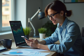 Jeune professionnel travaillant dans un bureau moderne et lumineux avec des graphiques financiers