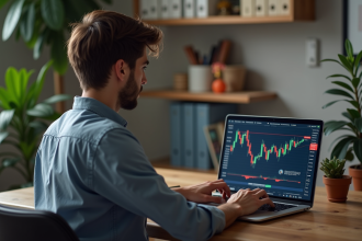 Jeune homme professionnel utilisant un ordinateur pour trader des cryptomonnaies