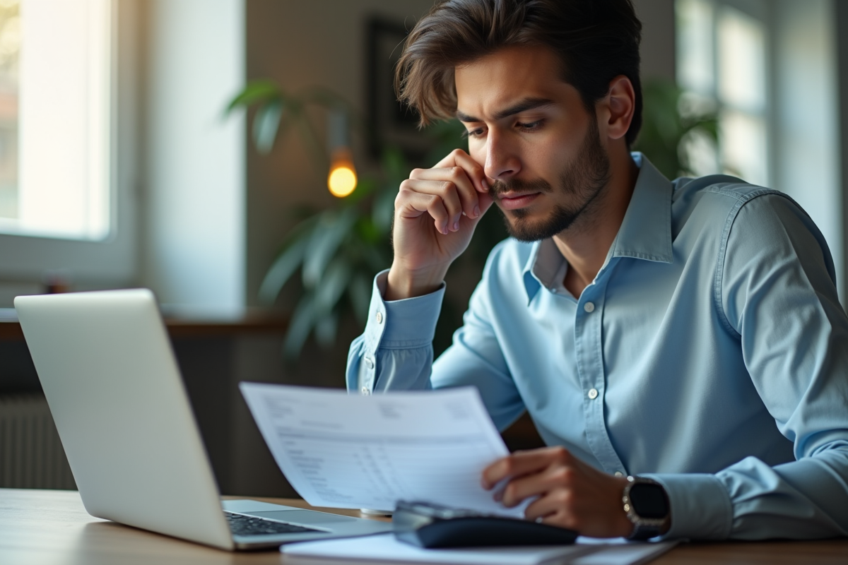 Jeune professionnel regardant une fiche de paie sur son ordinateur