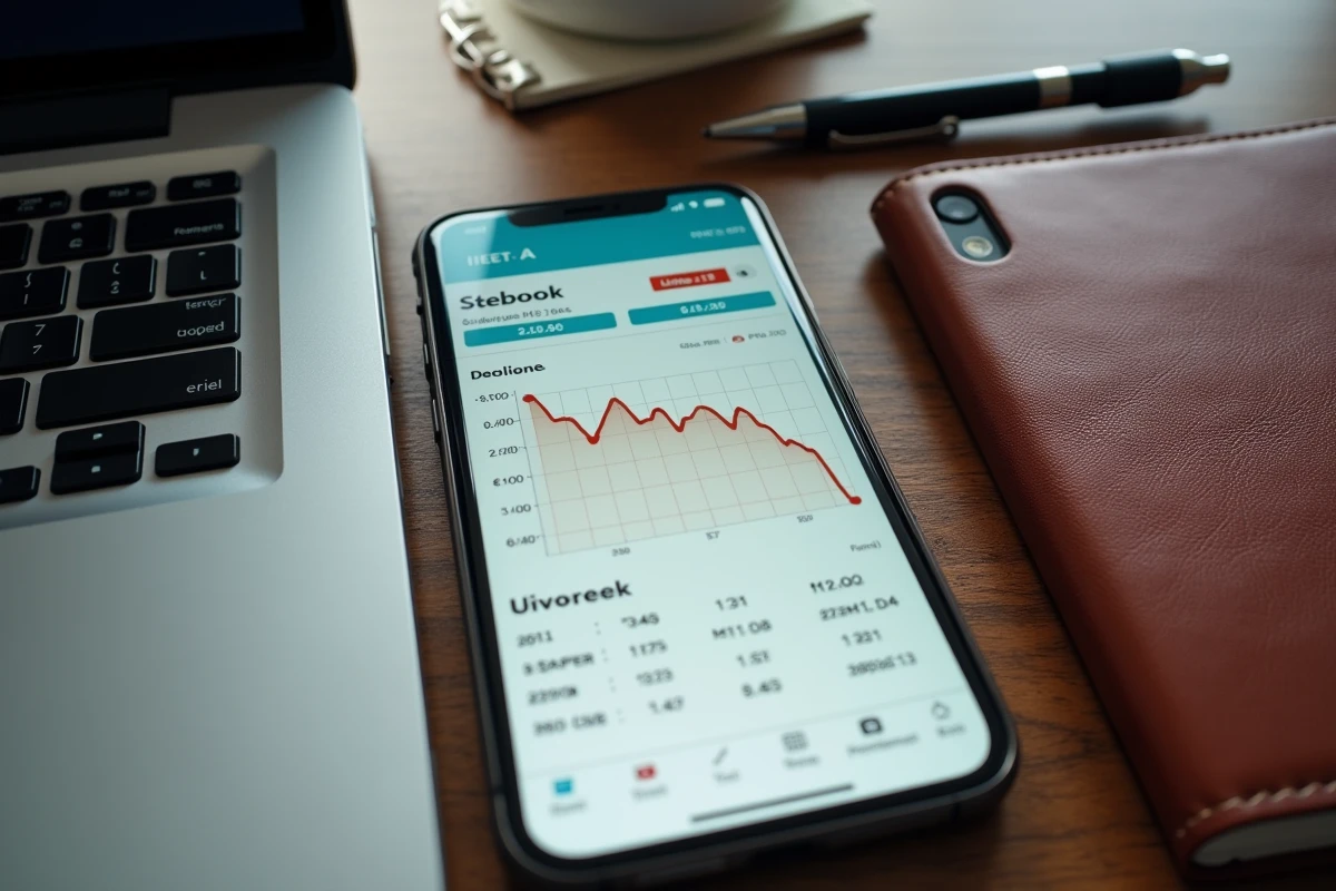 Vue du dessus d'un livret A, d'un smartphone affichant une courbe de taux en baisse et d'un carnet de calculs d'épargne sur un bureau