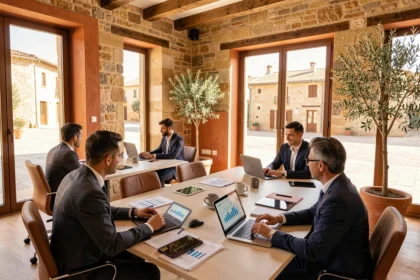 Vue d'ensemble d'un cabinet de conseil financier en Occitanie avec des conseillers en pleine consultation