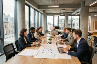Équipe de courtiers en crédit immobilier travaillant ensemble dans un bureau moderne à Lille, entourés de dossiers et d'ordinateurs portables