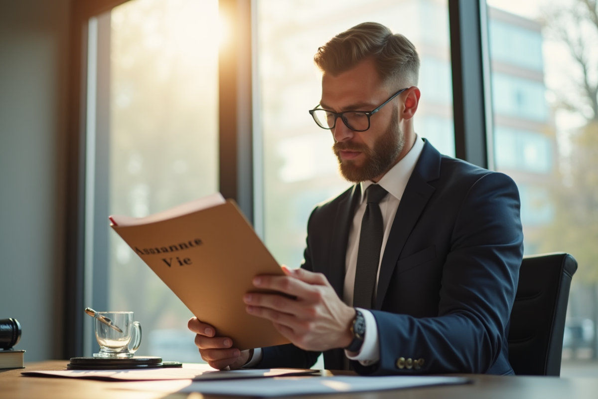 Notaire en bureau moderne examinant documents officiels