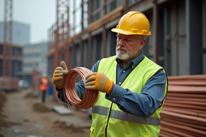Ouvrier de construction examinant un fil de cuivre dans un site industriel