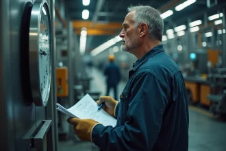 Ouvrier d'usine fatigué tenant une feuille de pointage devant une chaîne de montage industrielle, illustrant les heures supplémentaires au SMIC
