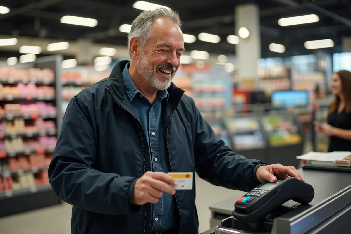 Homme utilisant une carte prépayée La Poste pour un paiement sans contact dans un supermarché français