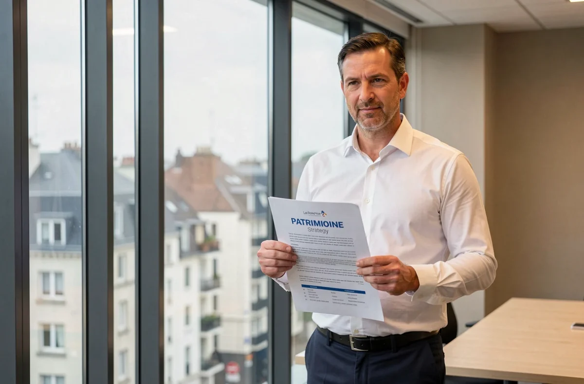 Conseiller patrimonial de Patrimoine Vendée à La Roche-sur-Yon tenant un document de stratégie financière devant une fenêtre moderne