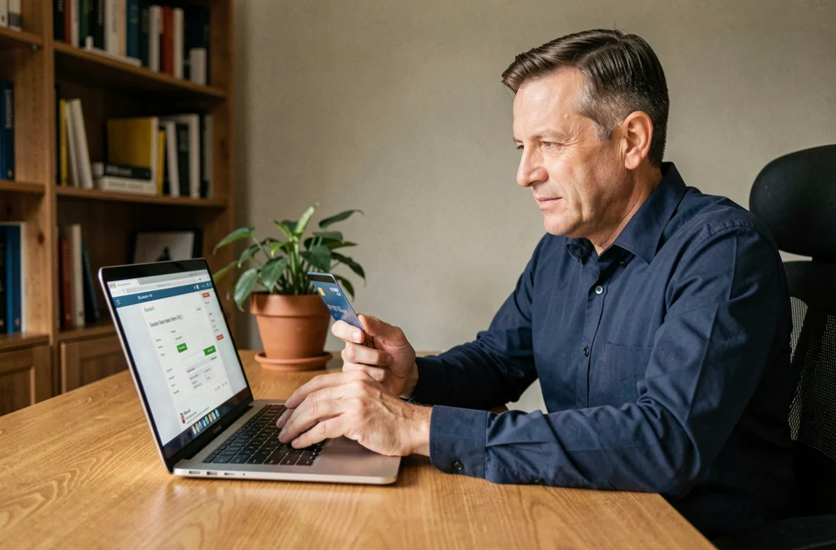Homme réglant sa facture Free Mobile en ligne sur ordinateur portable dans un bureau à domicile