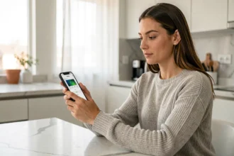 Femme payant sa facture Free Mobile par téléphone dans une cuisine moderne