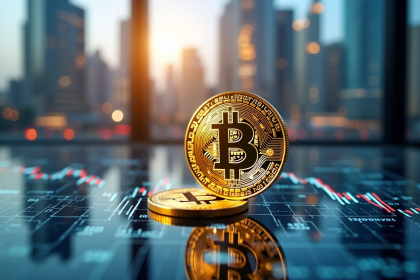 Pièce de bitcoin dorée sur bureau futuriste avec graphiques