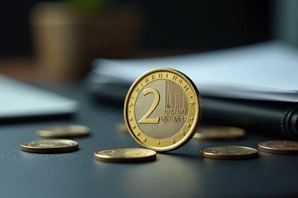 Pièce de 2 euros Jeux Olympiques 2026 en gros plan sur un bureau en bois avec d'autres pièces en euros, symbolisant l'investissement numismatique