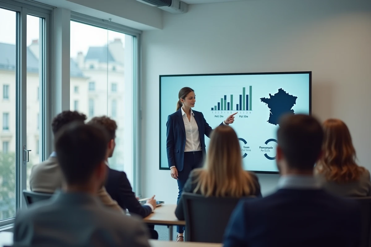 Entrepreneuse présentant un pitch de financement dans un incubateur de startup en région parisienne