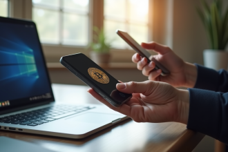 Personne tenant un portefeuille crypto et smartphone avec icônes de sécurité