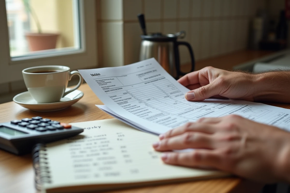 Mains tenant une fiche de paie et une facture sur une table de cuisine, symbolisant le pouvoir d'achat et les salaires en France