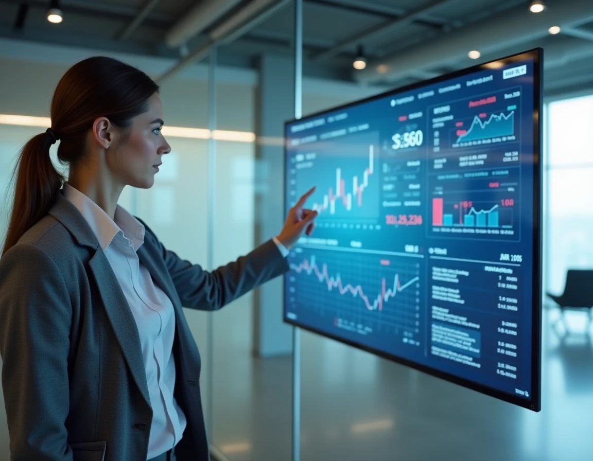 Professionnelle de la finance présentant une analyse comparative de l'action Airbus sur un écran interactif en salle de réunion