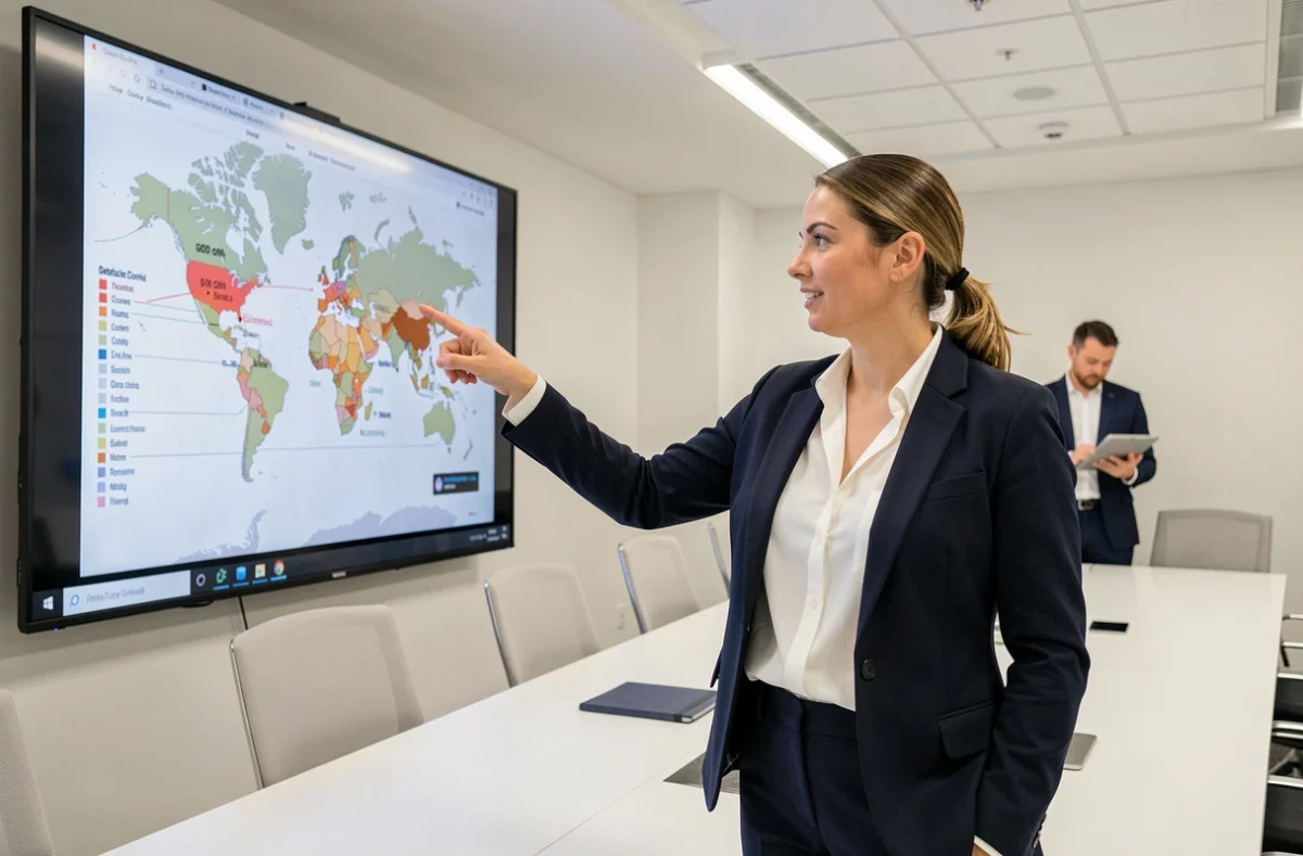 Analyste économique présentant une carte mondiale du classement PIB devant une équipe d'investisseurs