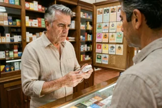 Un homme d'âge mûr examine un paquet de cigarettes dans un estanco espagnol, illustrant la hausse des prix du tabac en Espagne en 2026