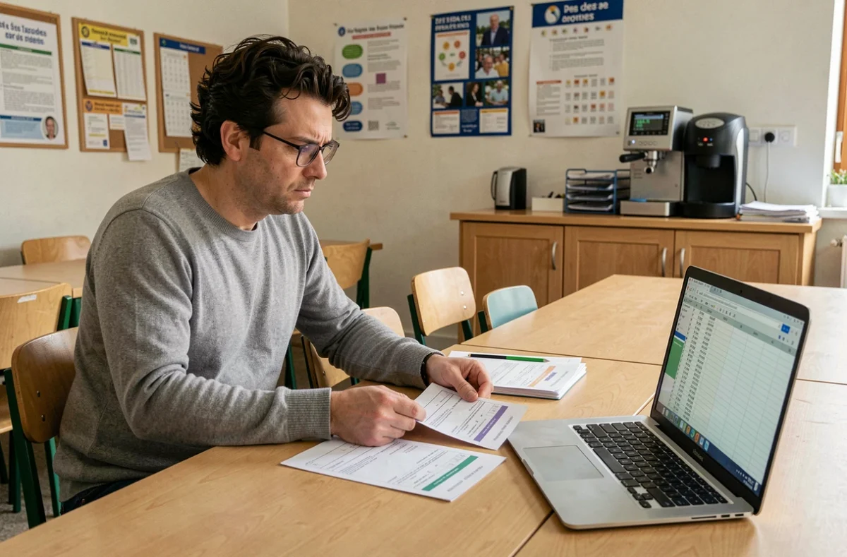 Professeur contractuel comparant deux bulletins de salaire dans la salle des professeurs d'un lycée français