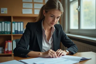 Professeure vérifiant ses fiches de paie dans la salle des professeurs d'un établissement scolaire français