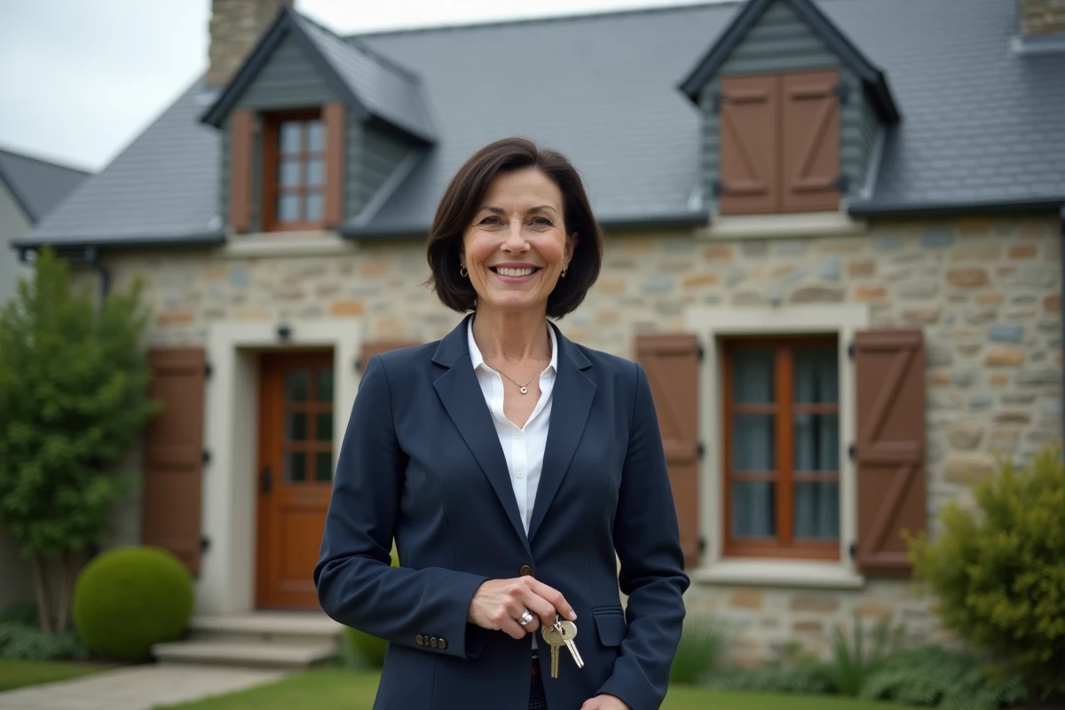 Propriétaire devant sa maison en pierre bretonne financée grâce au crédit immobilier Crédit Agricole des Côtes d'Armor