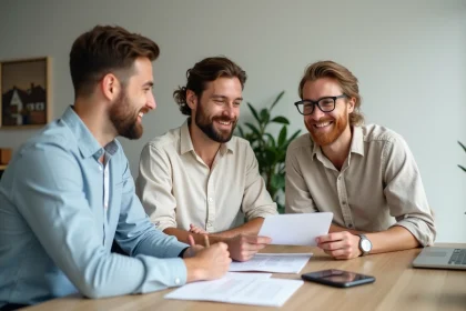 Couple en rendez-vous avec un conseiller bancaire CA22 pour un projet de crédit immobilier dans les Côtes d'Armor