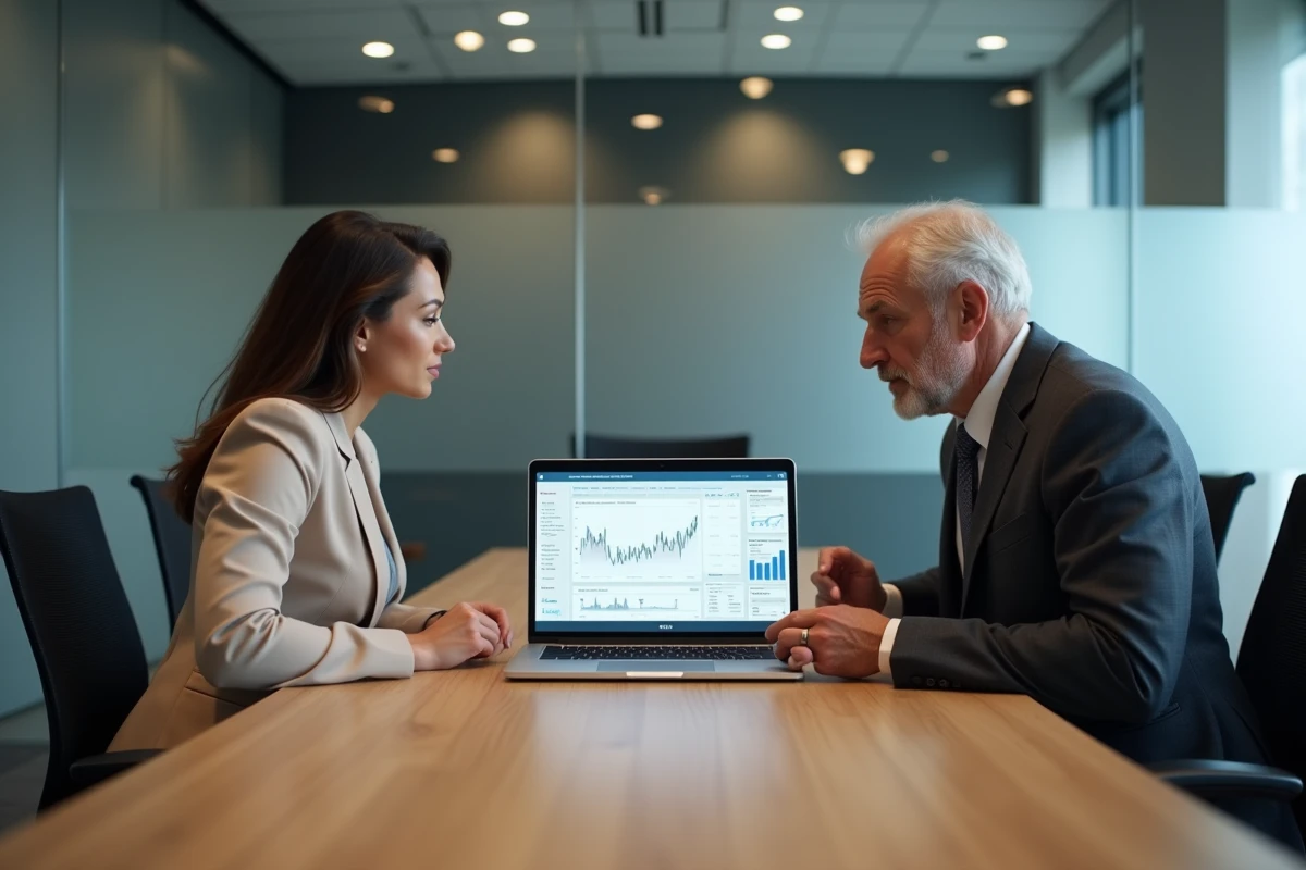 Deux professionnels analysant ensemble des données financières sur un ordinateur portable en salle de réunion