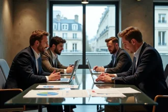 Réunion d'investisseurs et entrepreneurs en Île-de-France autour d'une table de coworking avec documents financiers