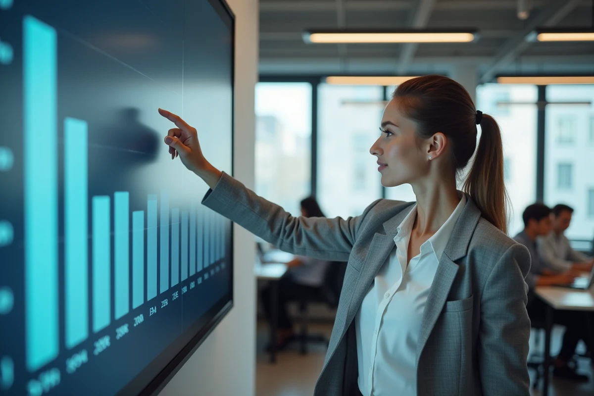 Femme cadre présentant l'évolution du revenu médian en France dans une salle de réunion moderne