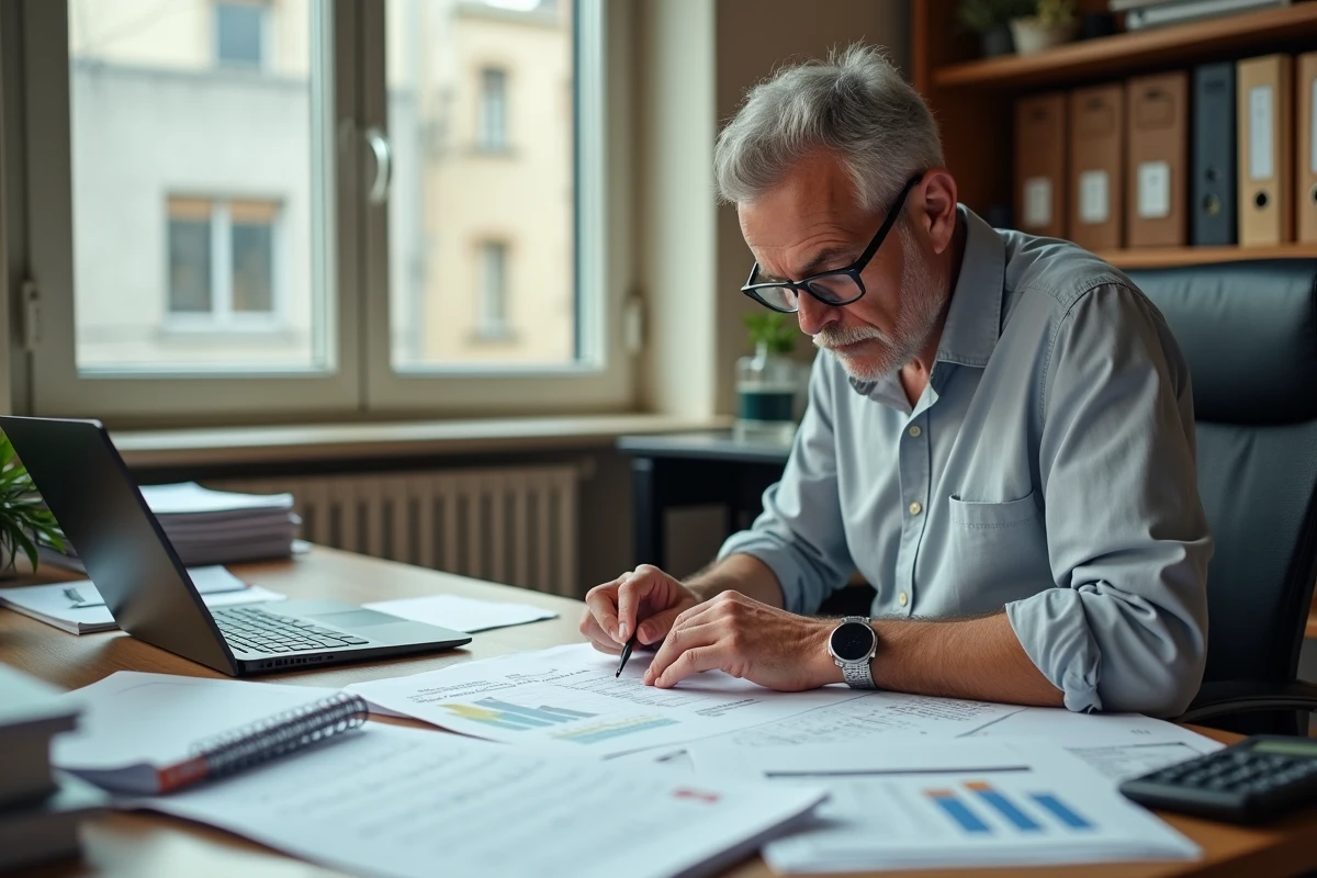 Responsable RH analysant des tableaux de salaires et calculs d'heures supplémentaires pour des employés au SMIC dans un bureau administratif