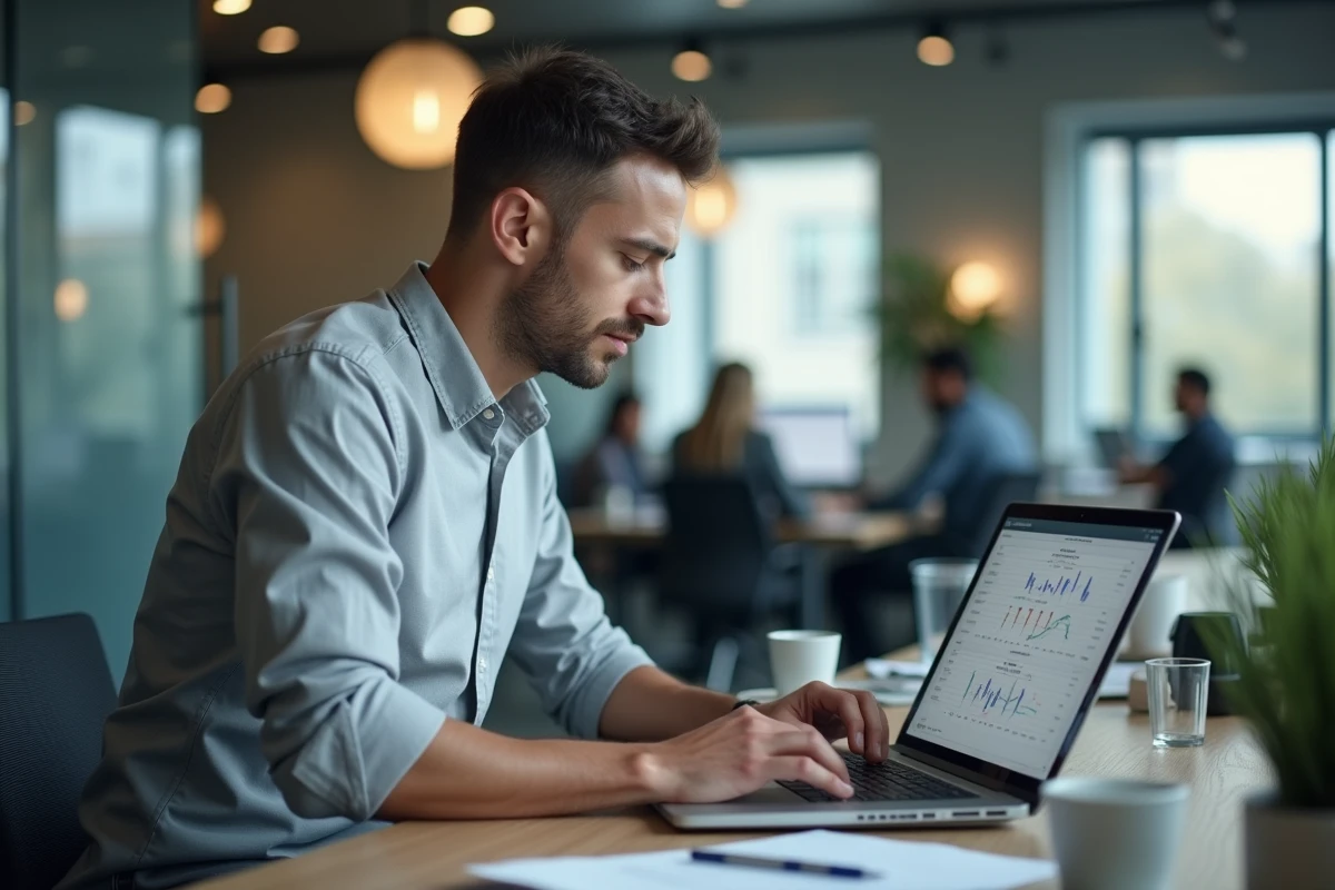 Homme salarié en CDI calculant son indemnité de fin de contrat sur ordinateur portable au bureau