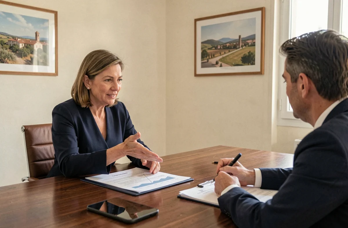 Conseillère de SD Conseils et Patrimoine en consultation avec un chef d'entreprise autour d'un rapport financier en Occitanie